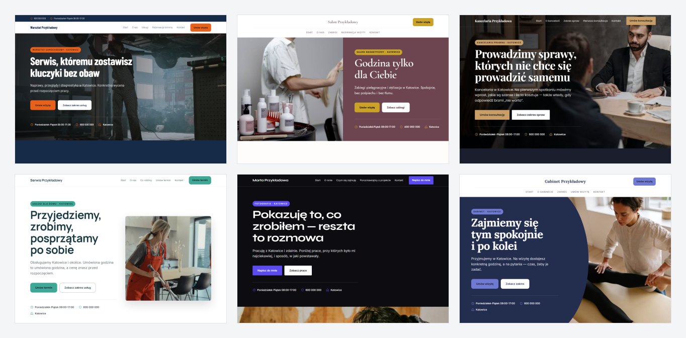 Sześć stron internetowych złożonych w generatorze Biegun.Studio